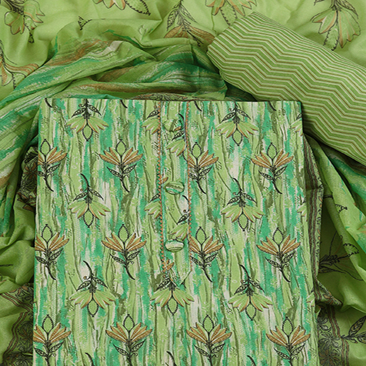 Green Pure Cotton Ensemble with All-Over Floral Motif Designs Dress Material