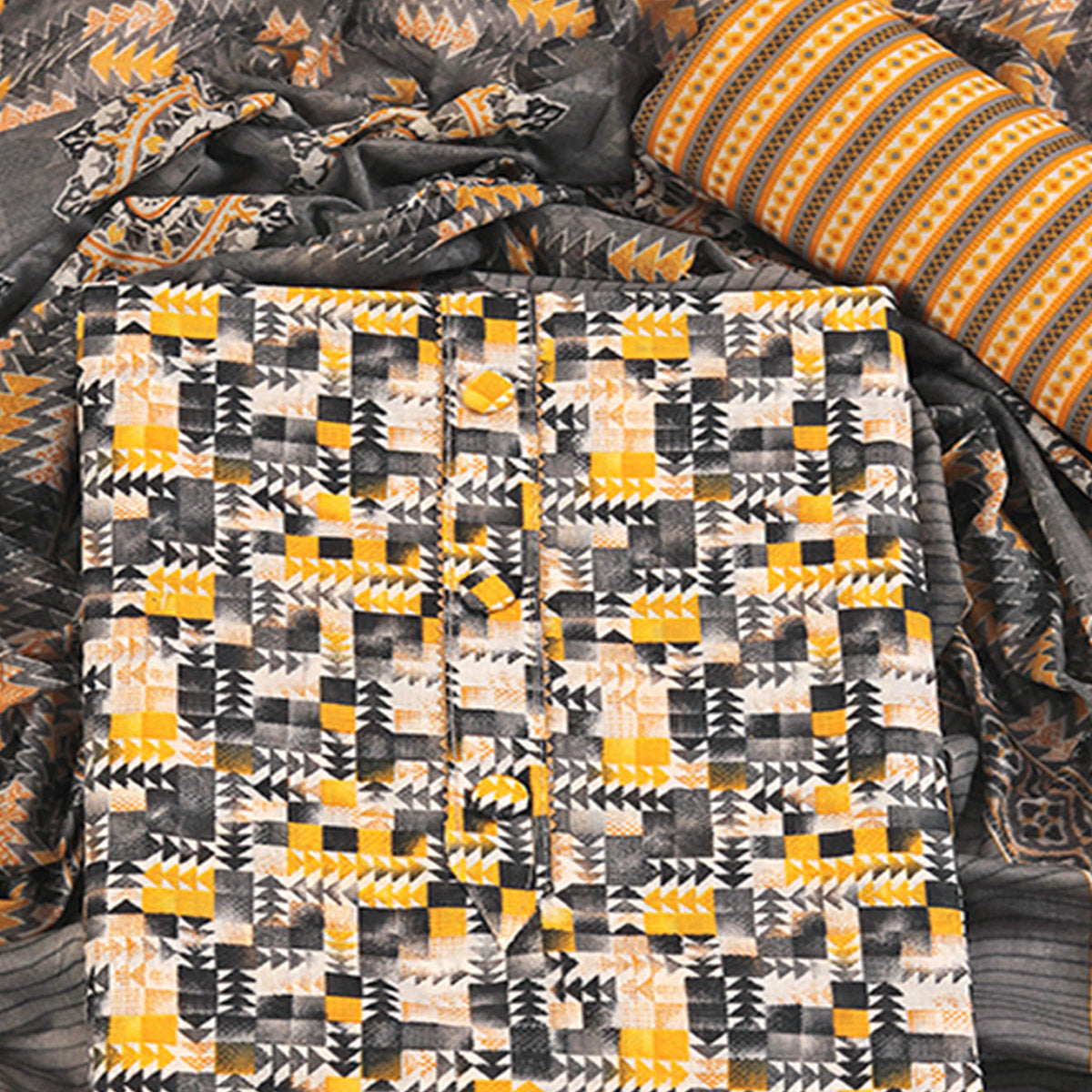 Cotton Dress Material Featuring a Grey and Yellow Palette with Artistic Geometric Patterns
