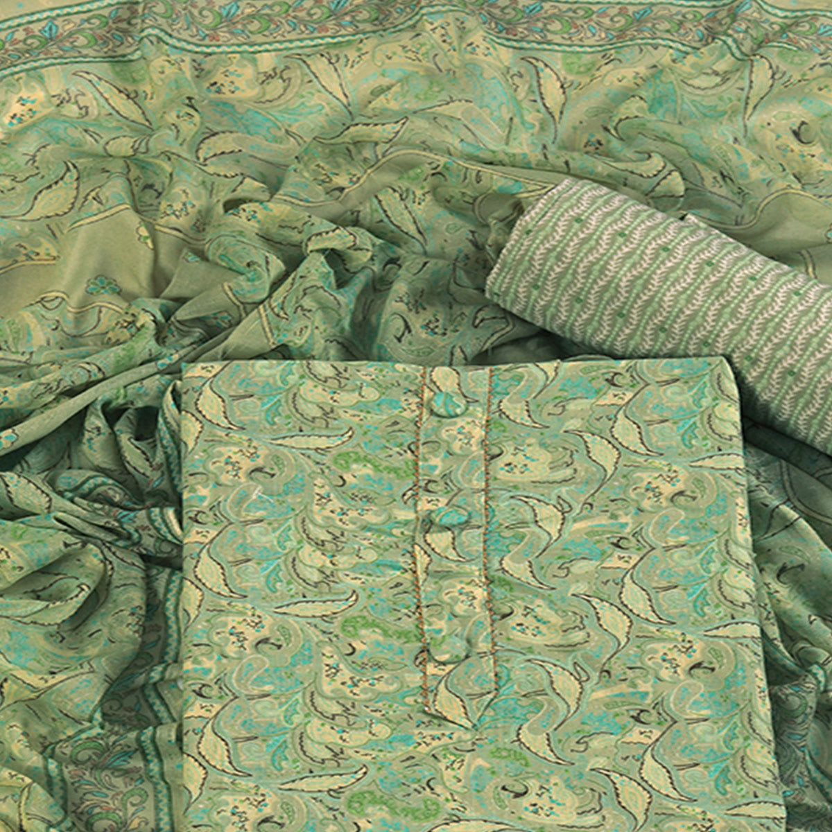 Floral Elegance in Green Pure Cotton Unstitched Dress Material