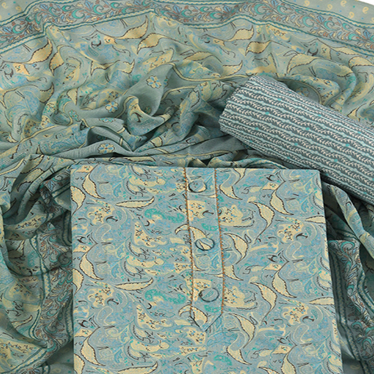 Floral Elegance in Pastel Green Pure Cotton Unstitched Dress Material