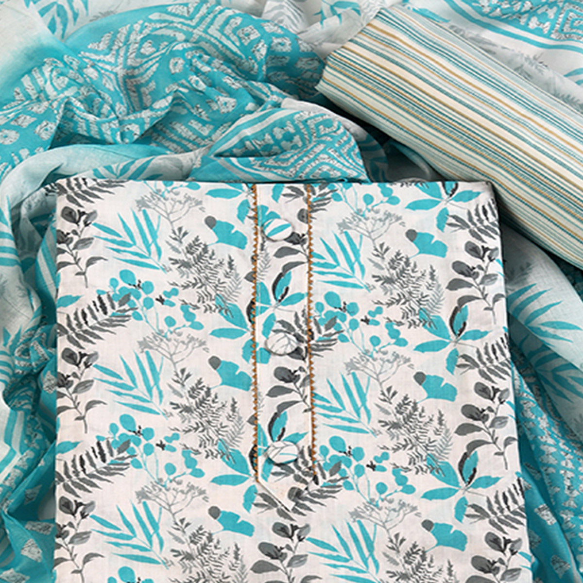 Floral Motifs on Blue Pure Cotton Dress Material for Effortless Style