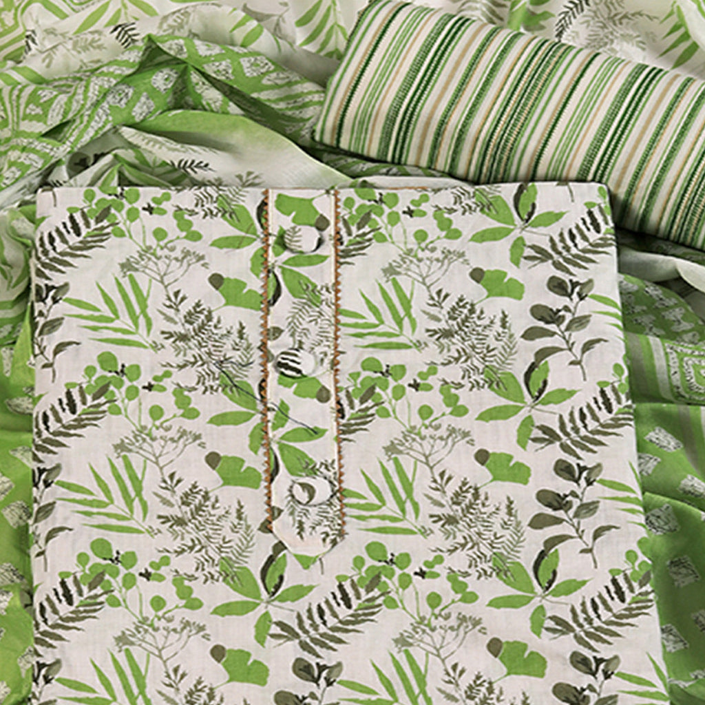 Floral Motifs on Green Pure Cotton Dress Material for Effortless Style