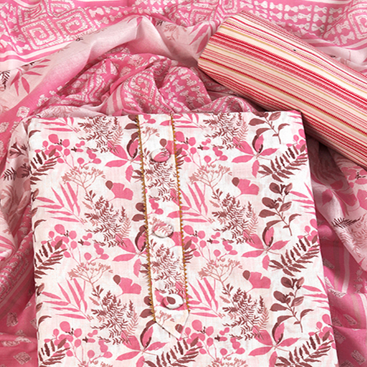 Floral Motifs on Pink Pure Cotton Dress Material for Effortless Style