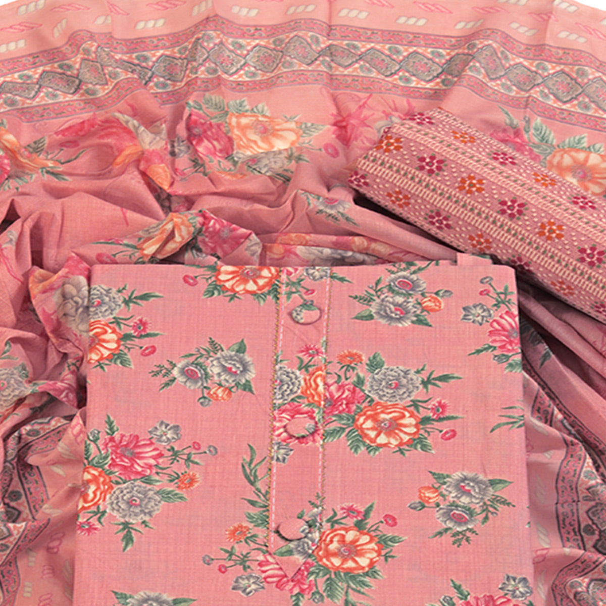 Charming Pink Dress Material in Pure Cotton with Subtle Floral Pattern Work
