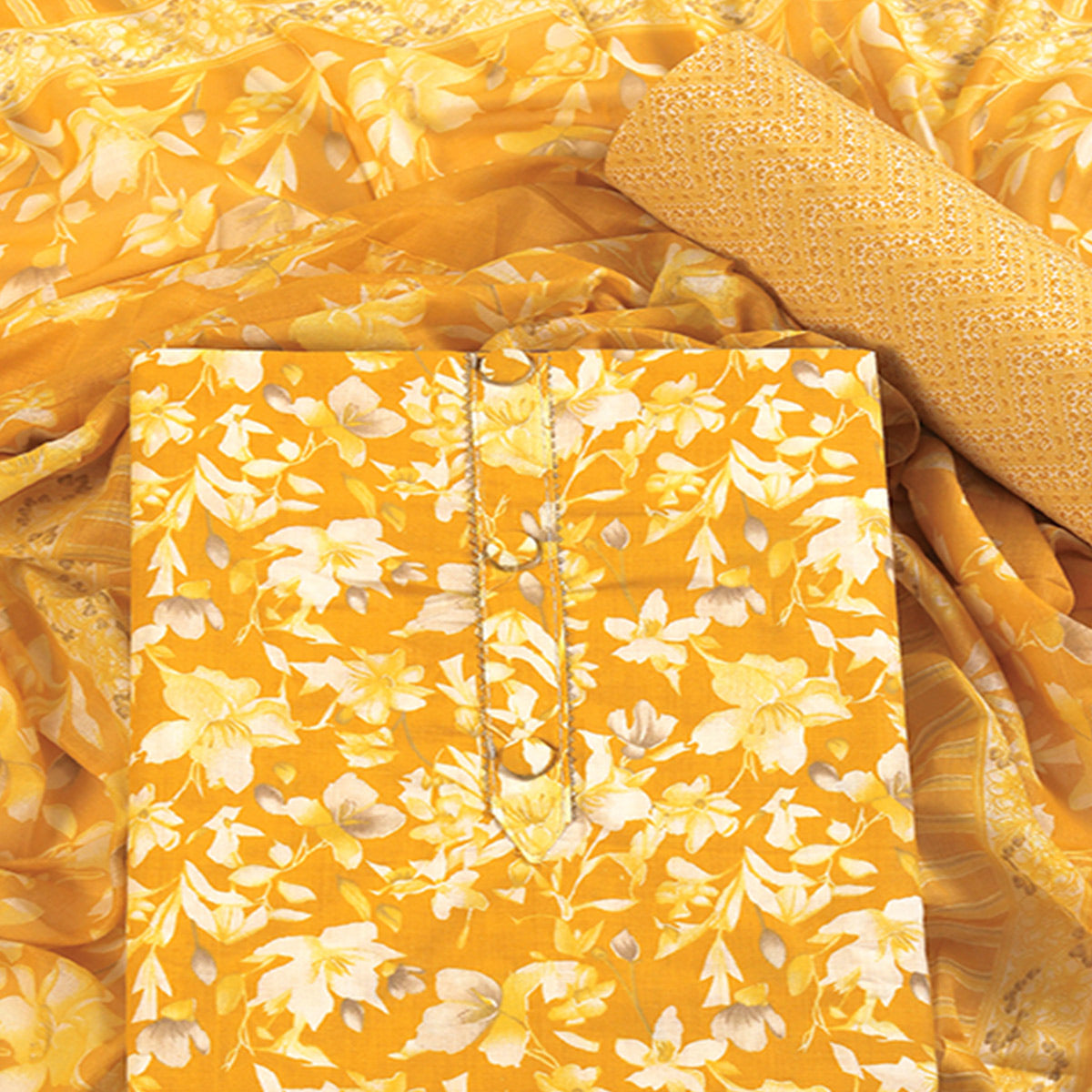 Mustard Floral Motif Printed Dress Material for Effortless Elegance