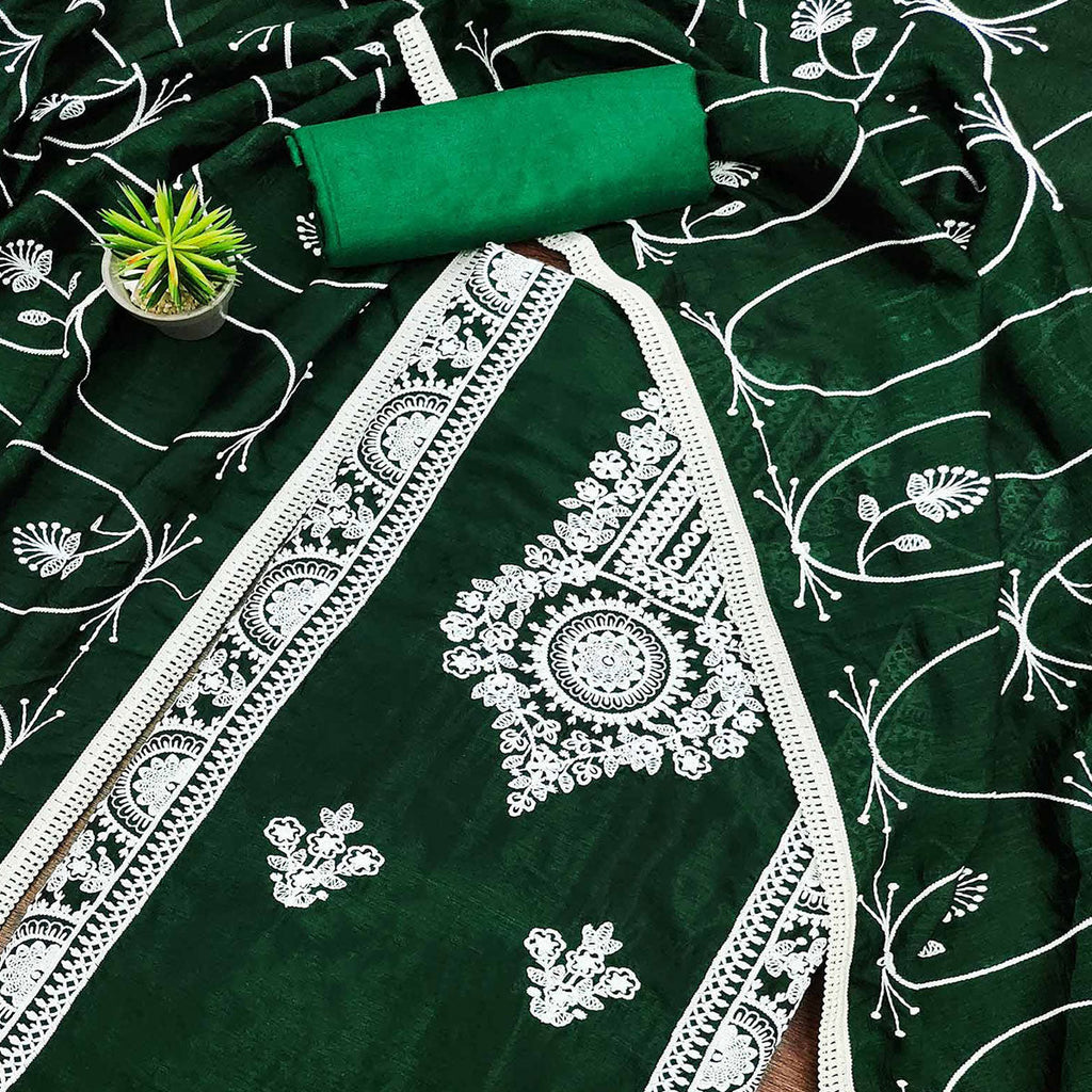 Green Floral Embroidered Vichitra Silk Dress Material