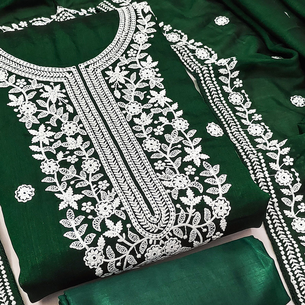 Green Floral Embroidered Vichitra Silk Dress Material