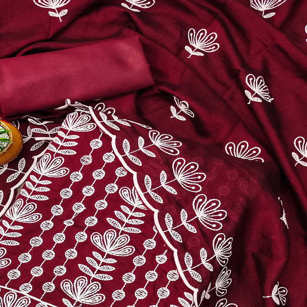 Maroon Floral Embroidered Vichitra Silk Dress Material