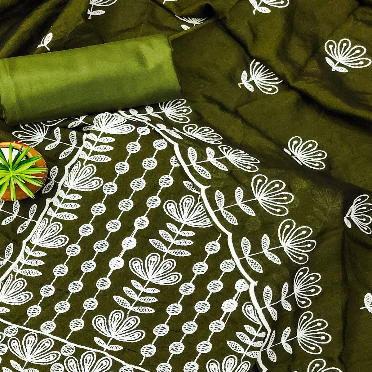 Mehendi Green Floral Embroidered Vichitra Silk Dress Material