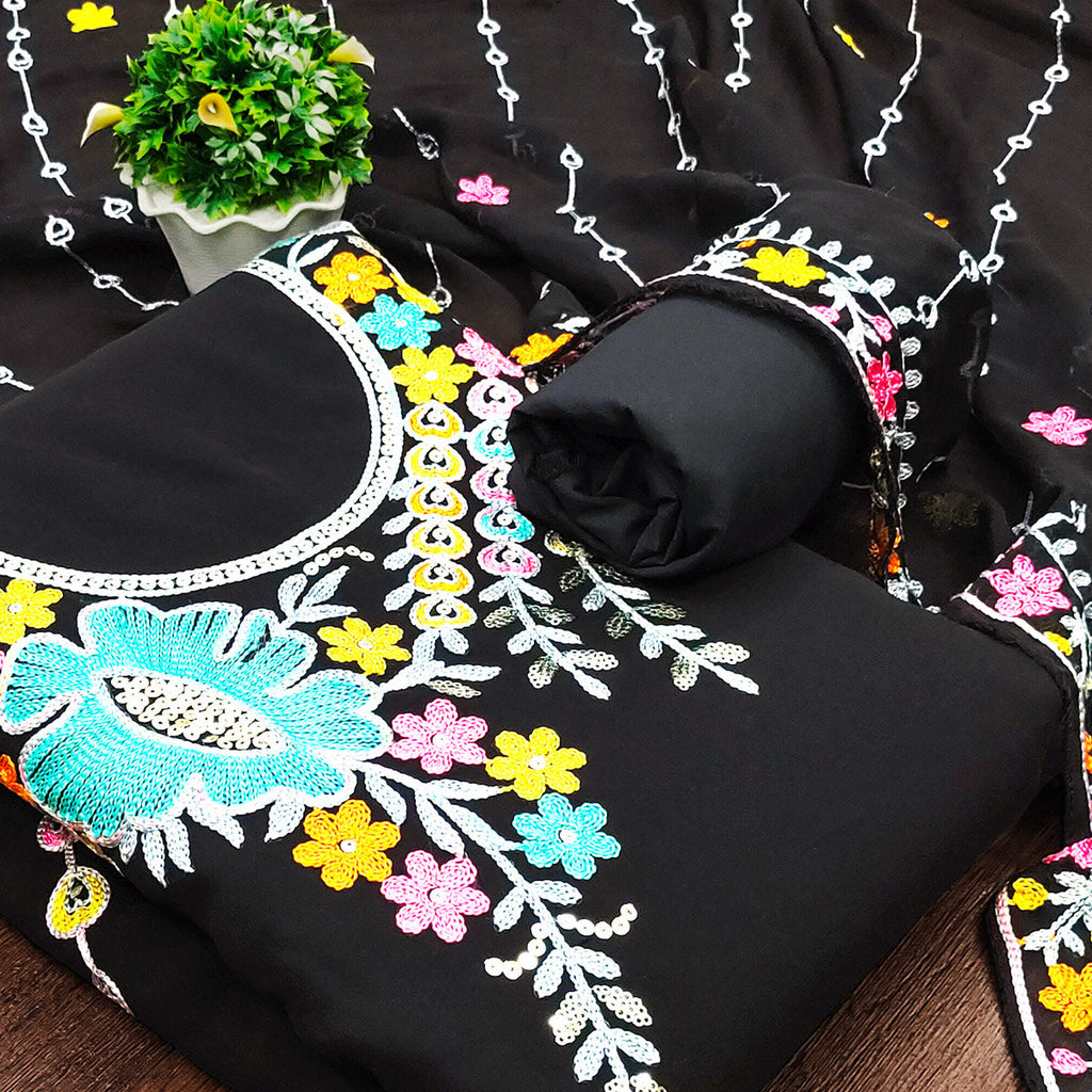 Black Floral Sequins Embroidered Georgette Dress Material