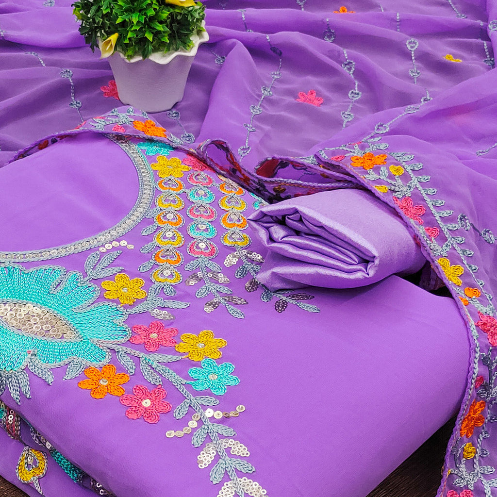 Lavender Floral Sequins Embroidered Georgette Dress Material