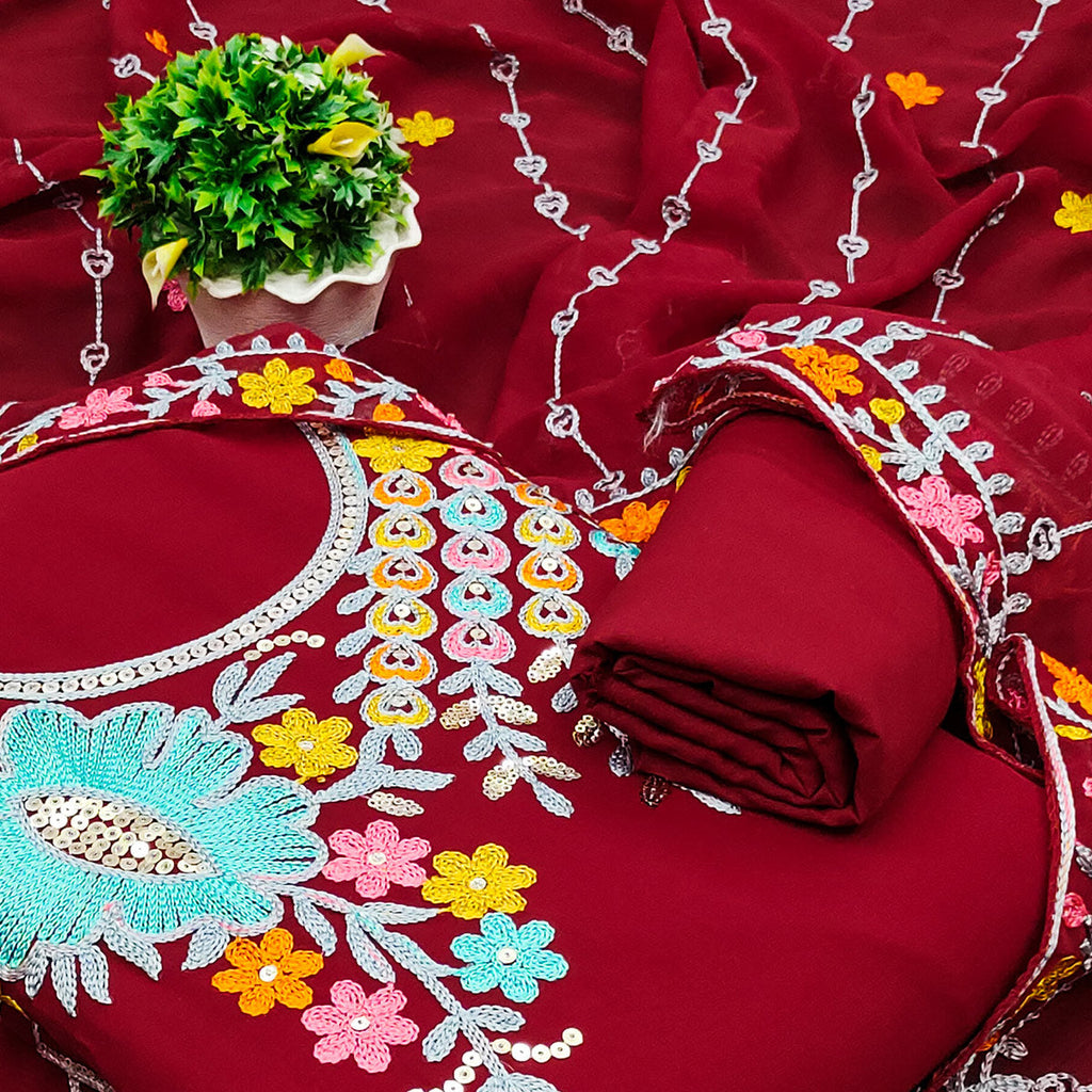 Maroon Floral Sequins Embroidered Georgette Dress Material