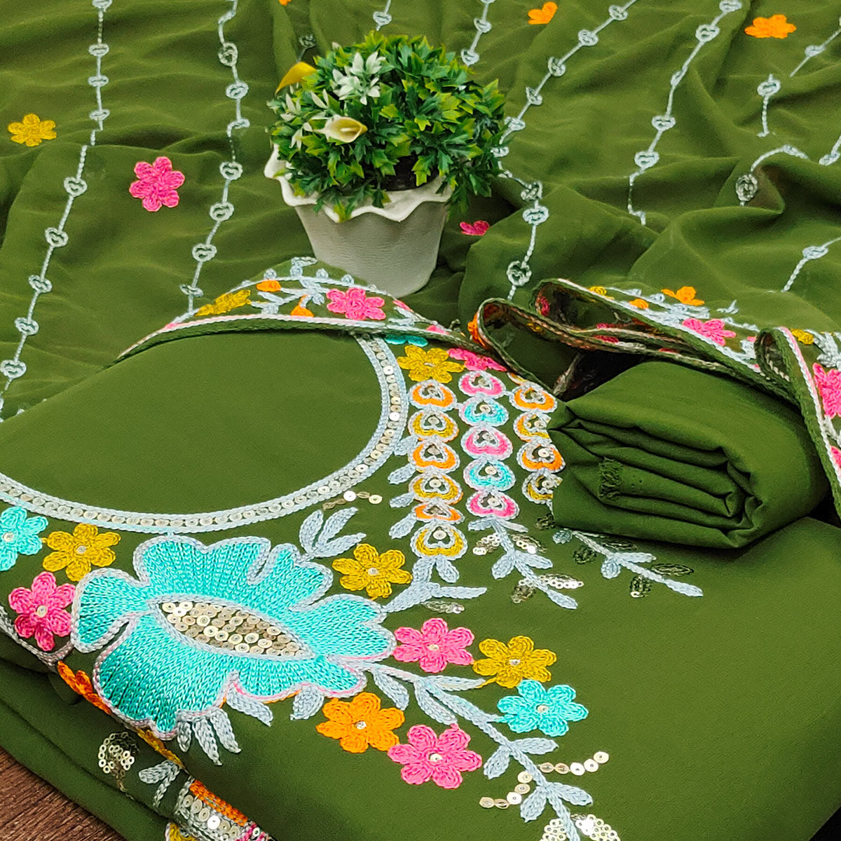 Mehendi Green Floral Sequins Embroidered Georgette Dress Material