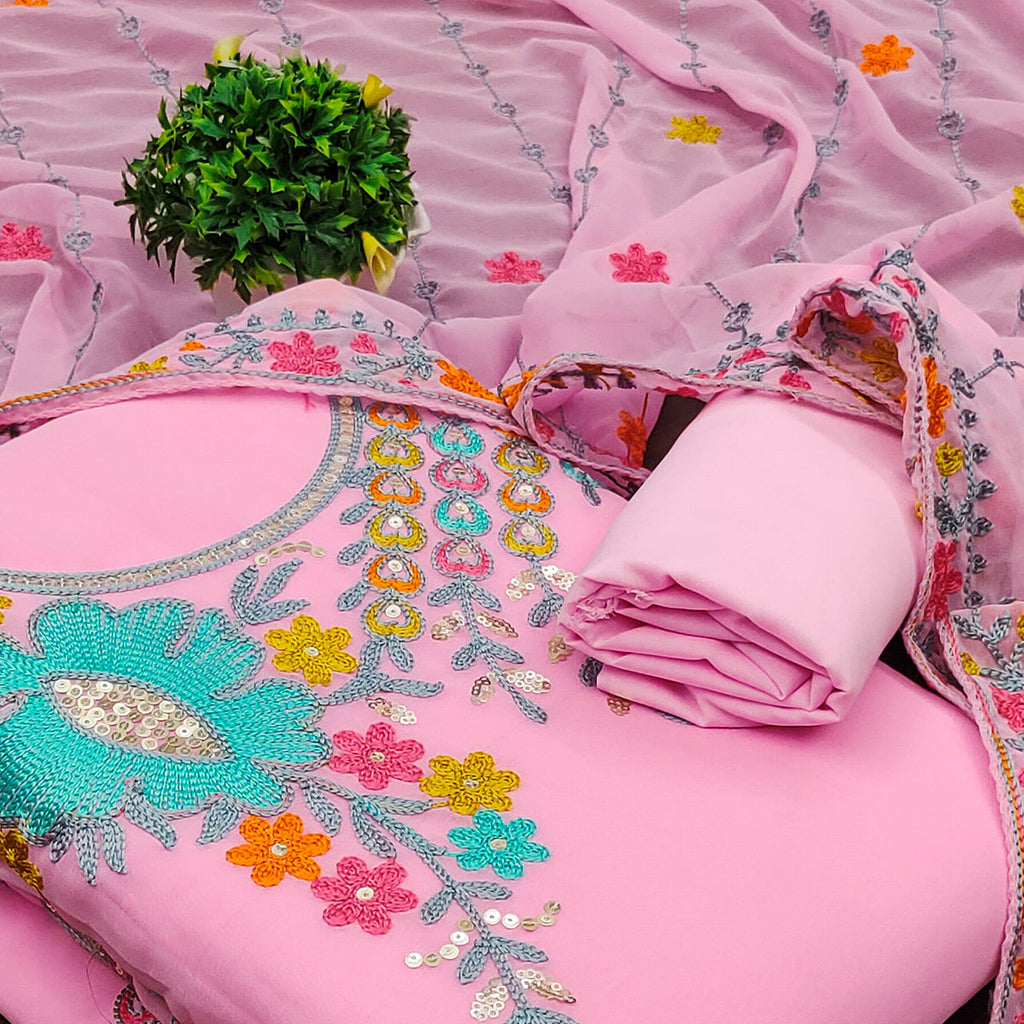 Pink Floral Sequins Embroidered Georgette Dress Material