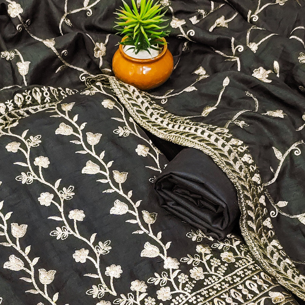 Grey Floral Embroidered Vichitra Silk Dress Material