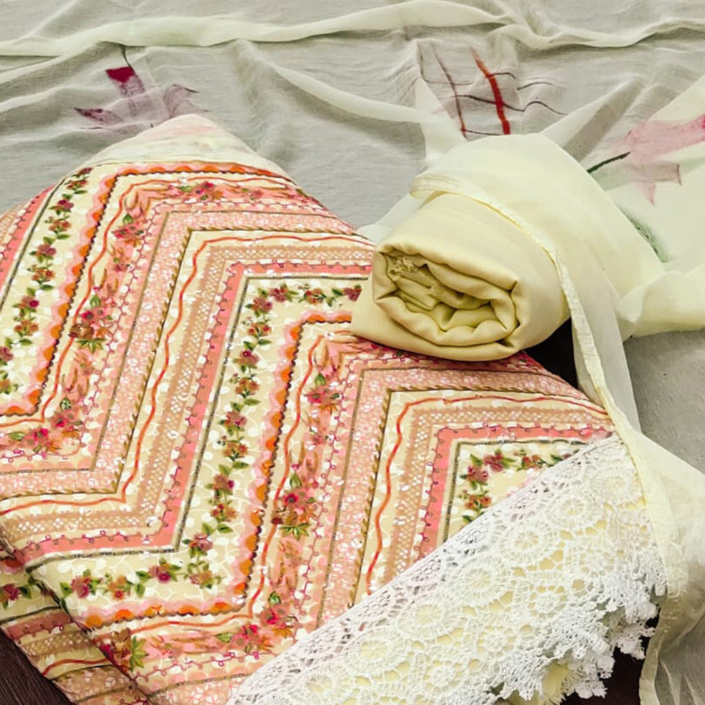 Peach Schiffli Embroidered With Digital Printed Georgette Dress Material