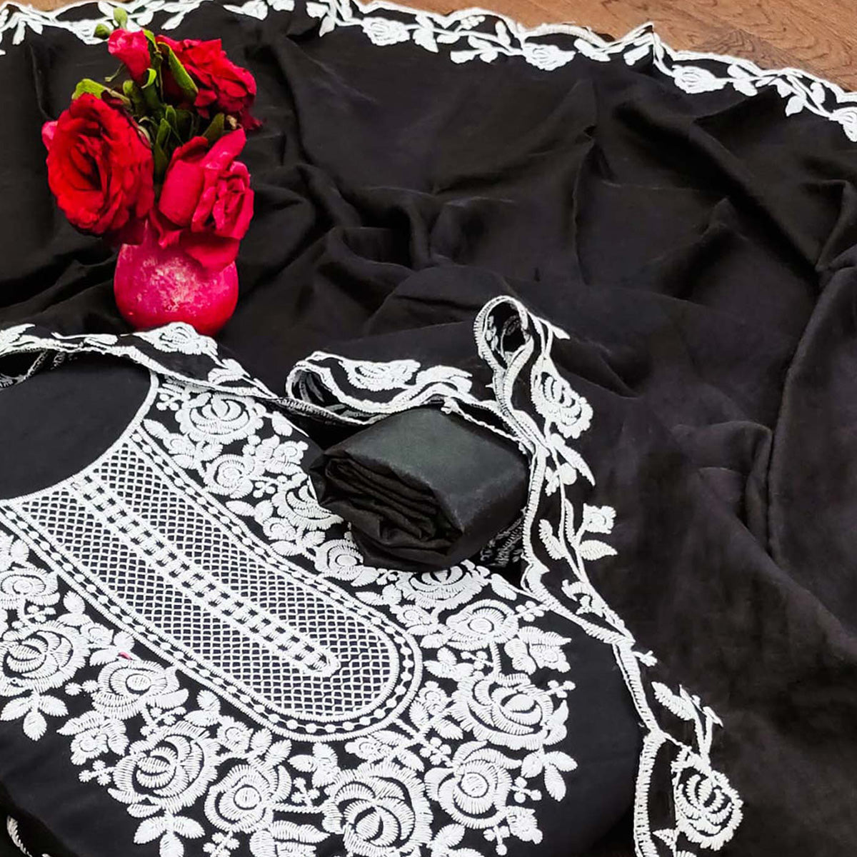 Black Floral Embroidered Chanderi Dress Material