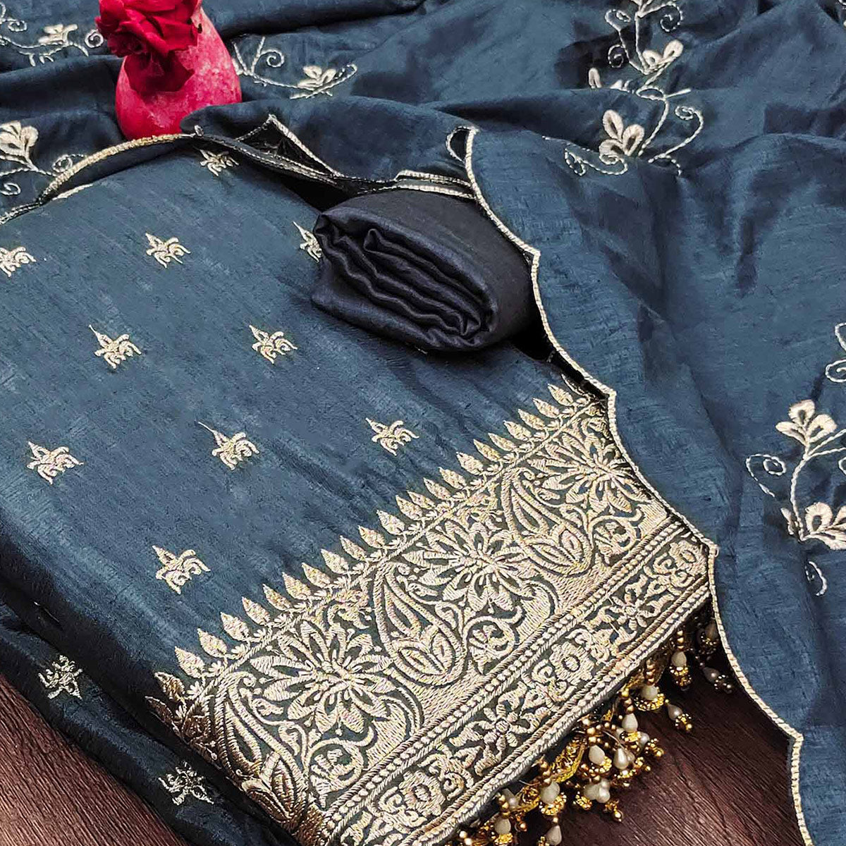Grey Embroidered Vichitra Silk Dress Material