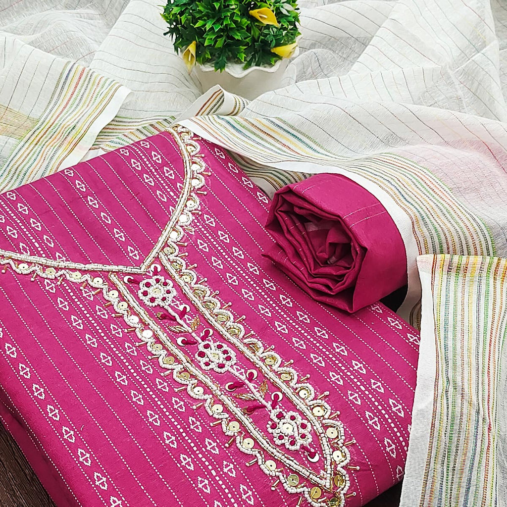 Pink Woven With Handwork Cotton Blend Dress Material