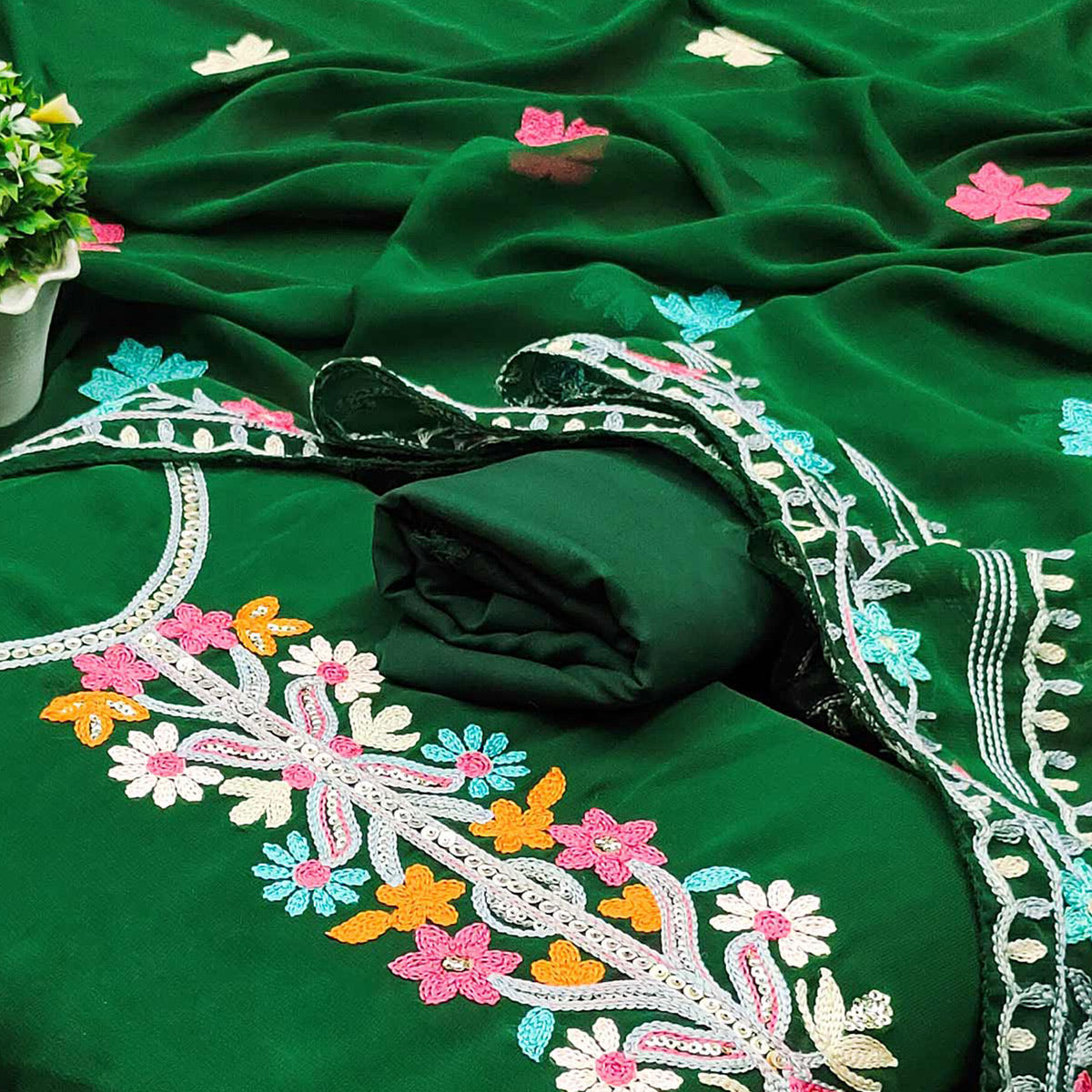 Dark Green Floral Sequins Embroidered Georgette Dress Material