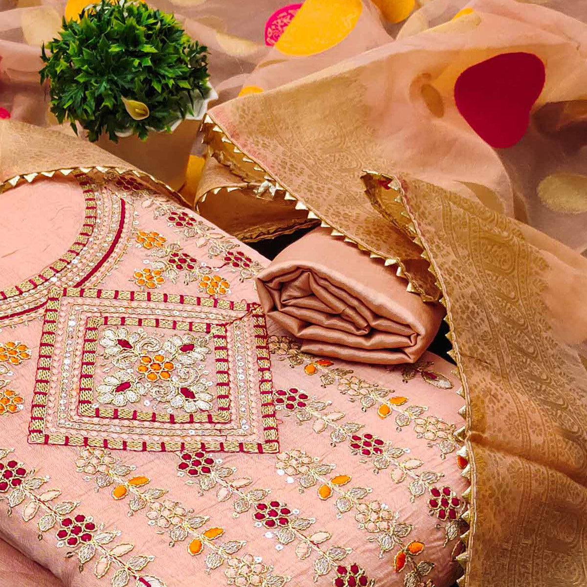 Peach Floral Sequins Embroidered Chanderi Dress Material