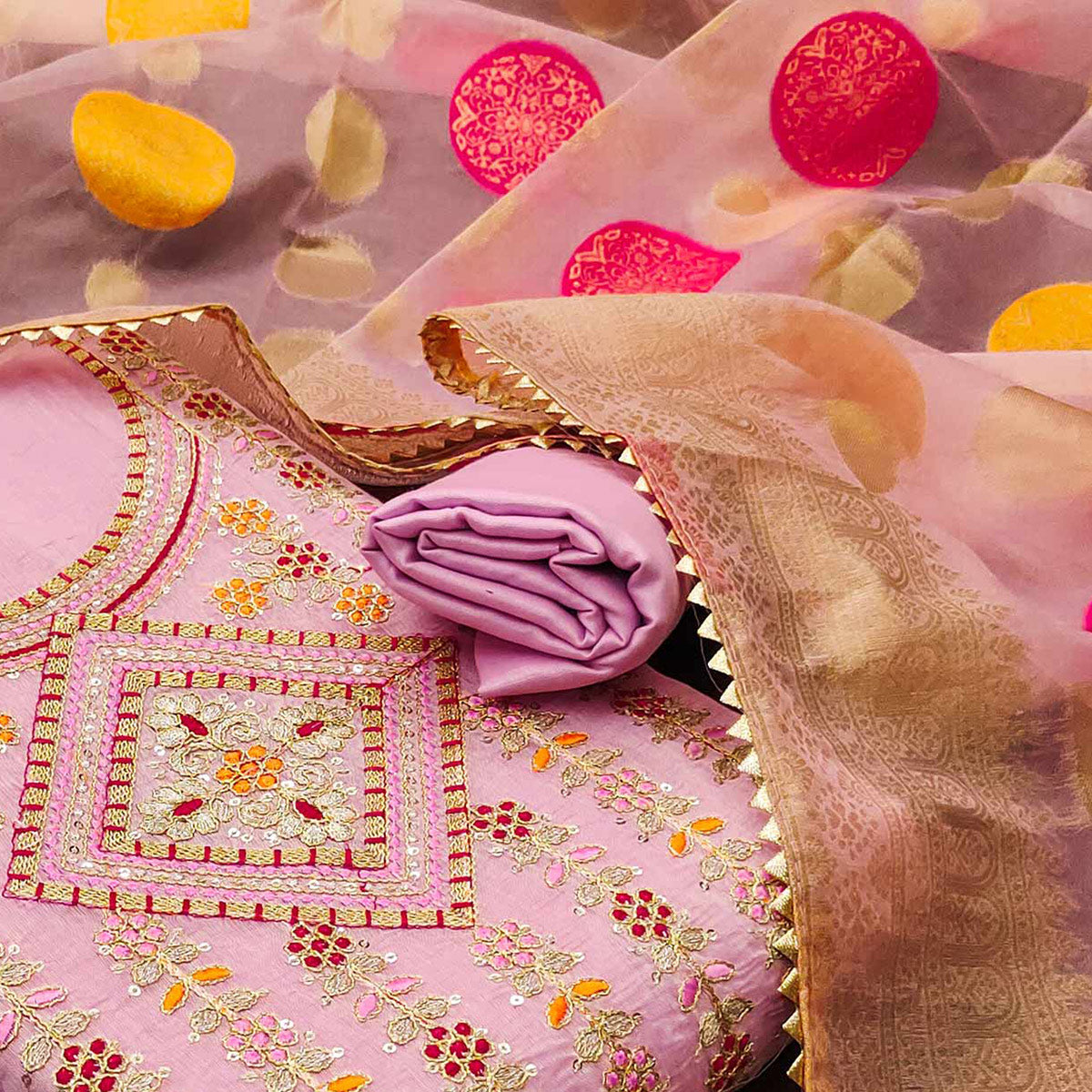 Pink Floral Sequins Embroidered Chanderi Dress Material