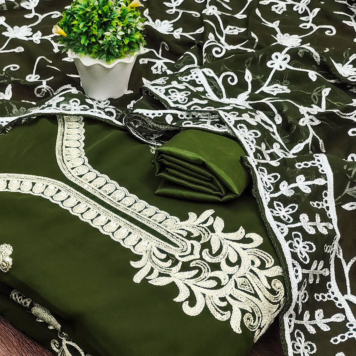 Mehendi Green Floral Sequins Embroidered Georgette Dress Material