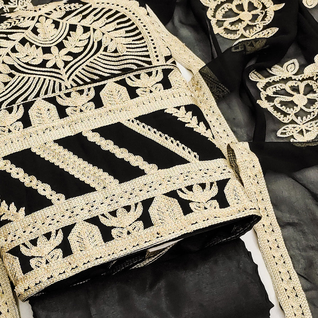 Black Floral Embroidered Georgette Dress Material