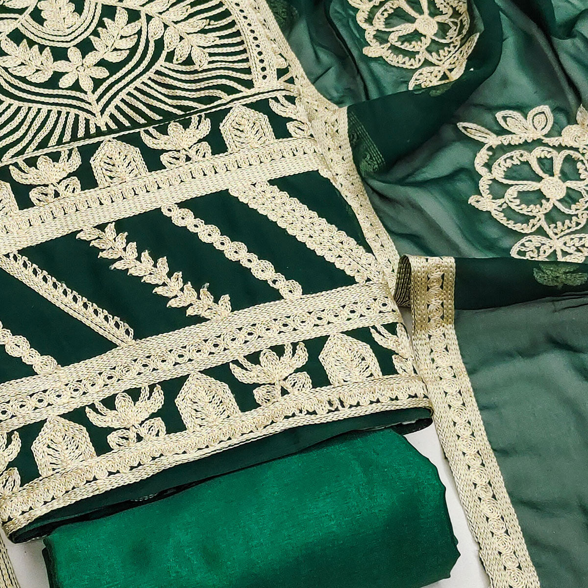 Green Floral Embroidered Georgette Dress Material