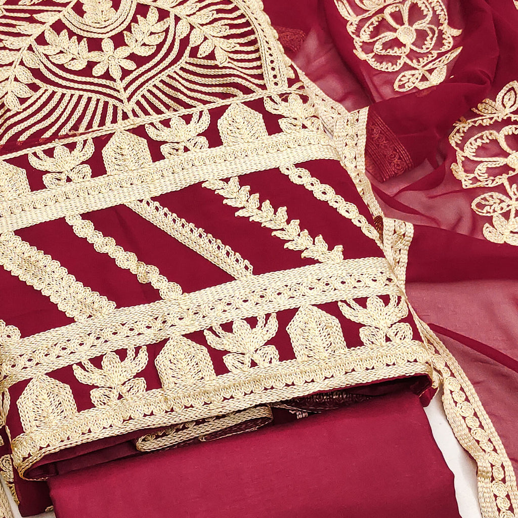 Maroon Floral Embroidered Georgette Dress Material