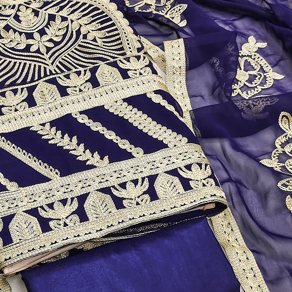 Navy Blue Floral Embroidered Georgette Dress Material