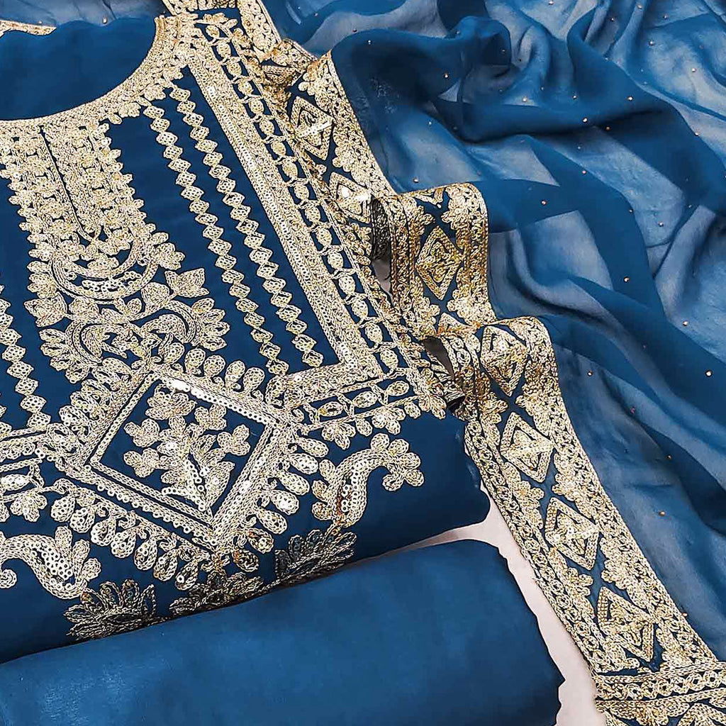 Blue Floral Sequins Embroidered Georgette Dress Material