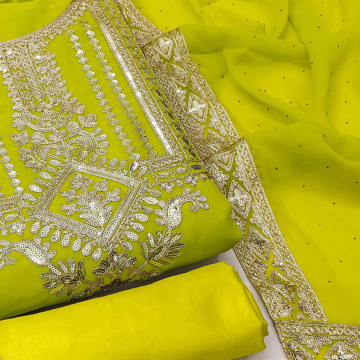 Green Floral Sequins Embroidered Georgette Dress Material