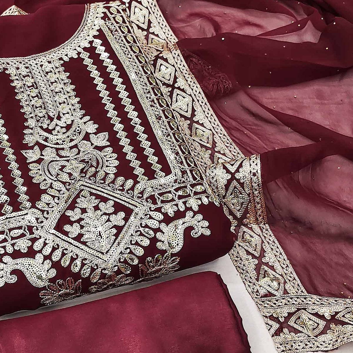 Maroon Floral Sequins Embroidered Georgette Dress Material