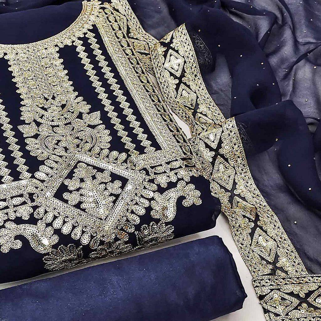 Navy Blue Floral Sequins Embroidered Georgette Dress Material