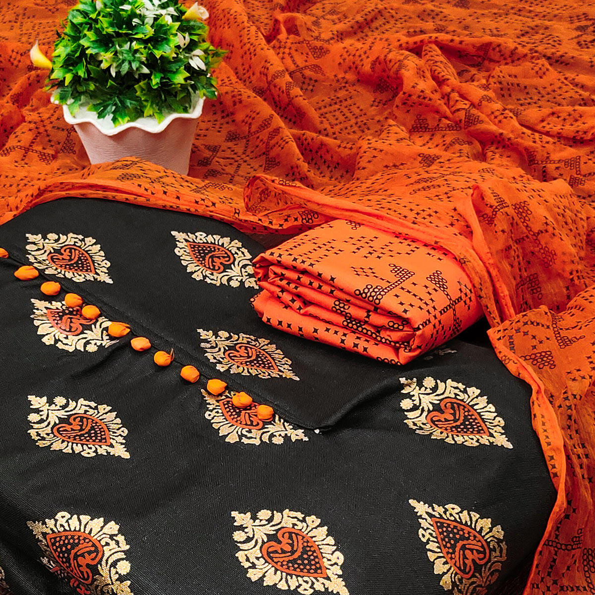 Black & Orange Printed Cotton Blend Dress Material