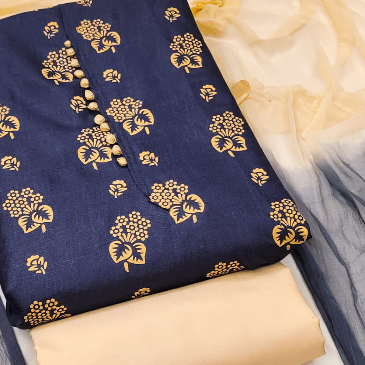 Blue Foil Floral Printed Cotton Blend Dress Material