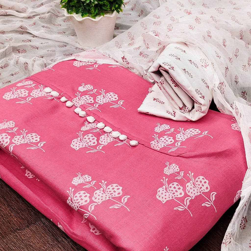 Pink Cotton Blend Floral Printed Dress Material