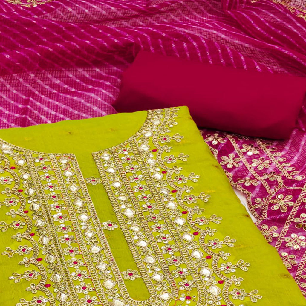 Green Woven With Sequins Embroidered Chanderi Dress Material