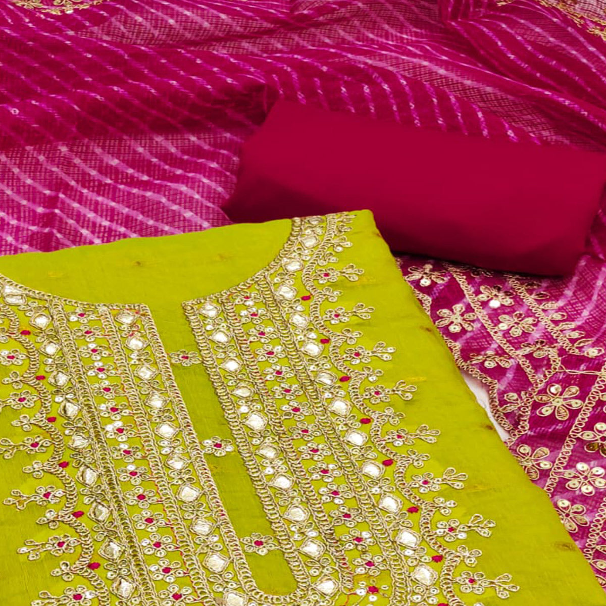 Green Woven With Sequins Embroidered Chanderi Dress Material
