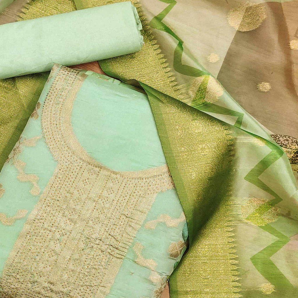 Green Woven Work Organza Dress Material