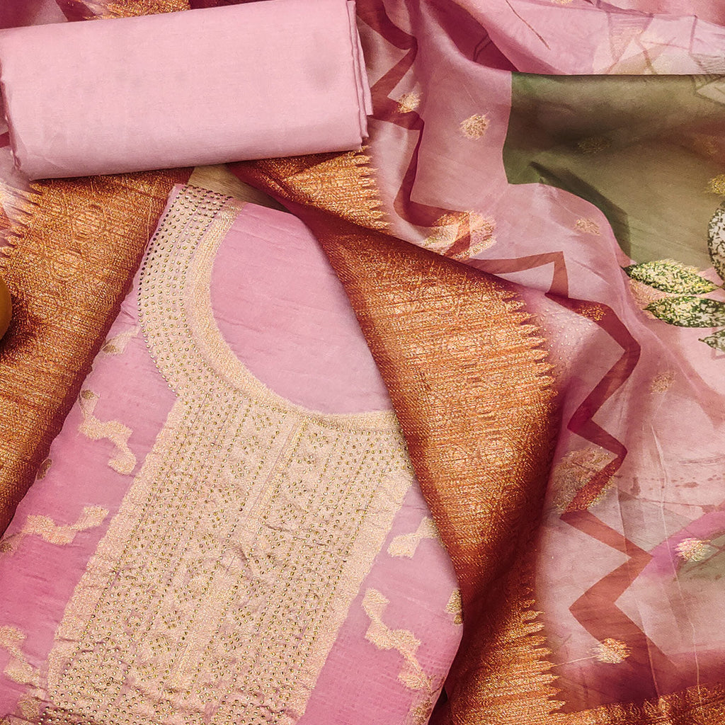 Light Pink Woven Work Organza Dress Material