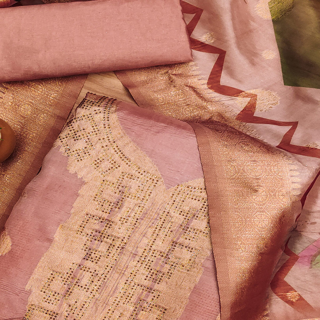 Peach Woven With Digital Printed & Swarovski Organza Dress Material