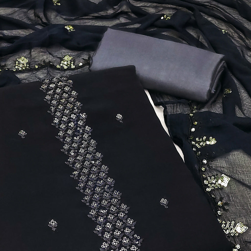 Black Floral Sequins Embroidered Georgette Dress Material