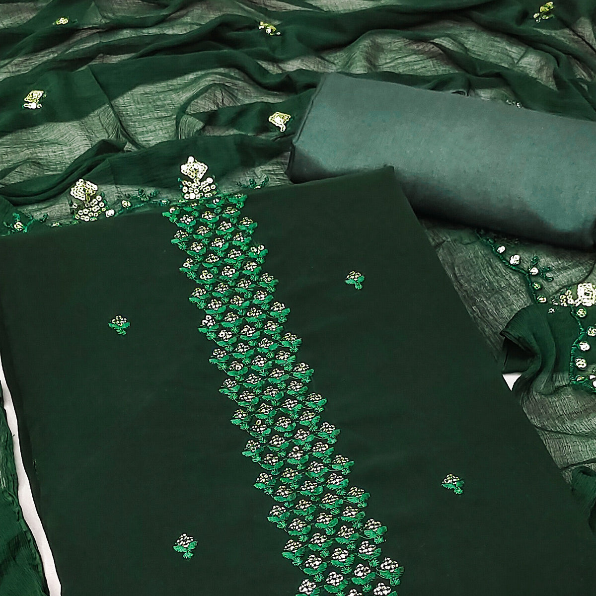 Green Floral Sequins Embroidered Georgette Dress Material