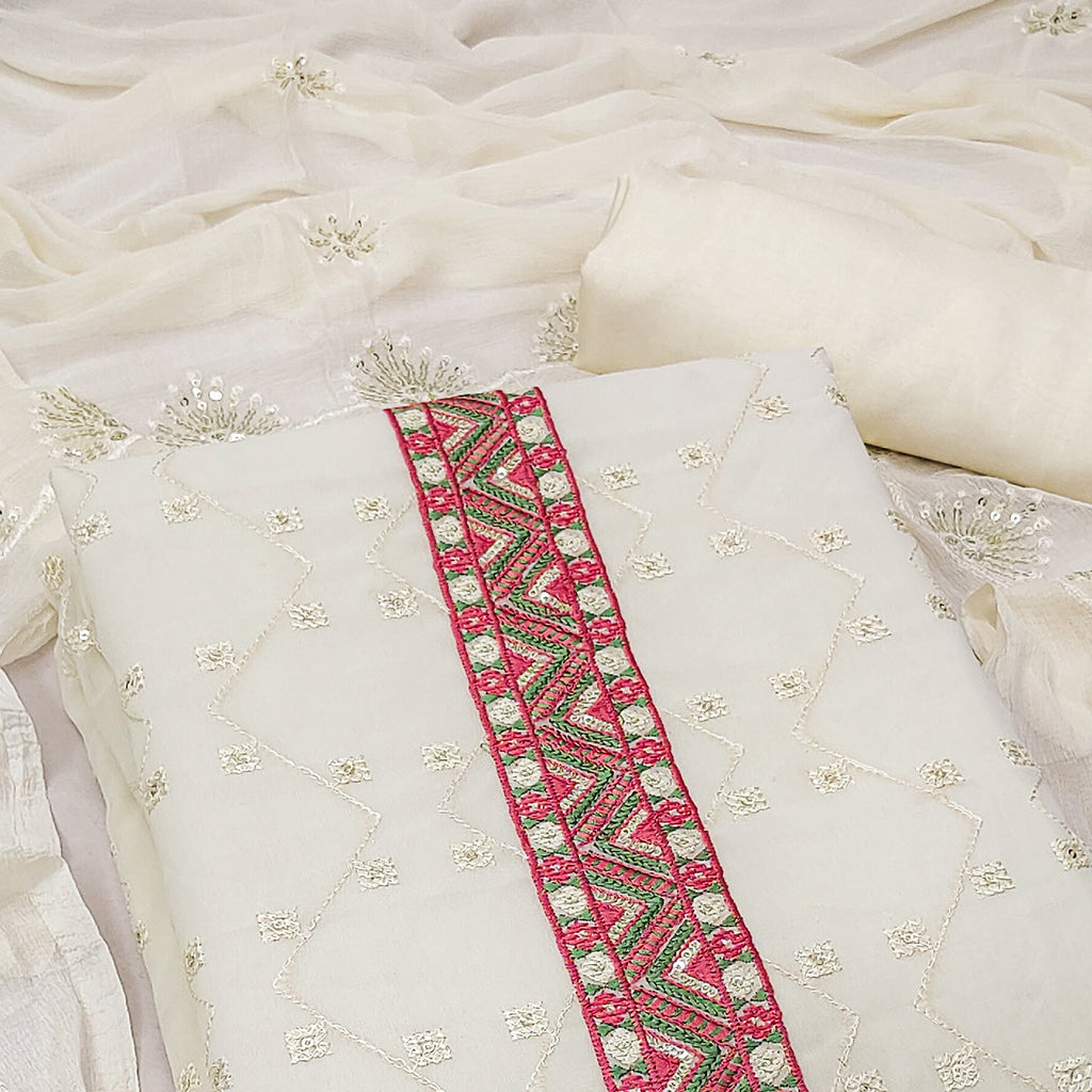 Off White Sequins Embroidered Georgette Dress Material