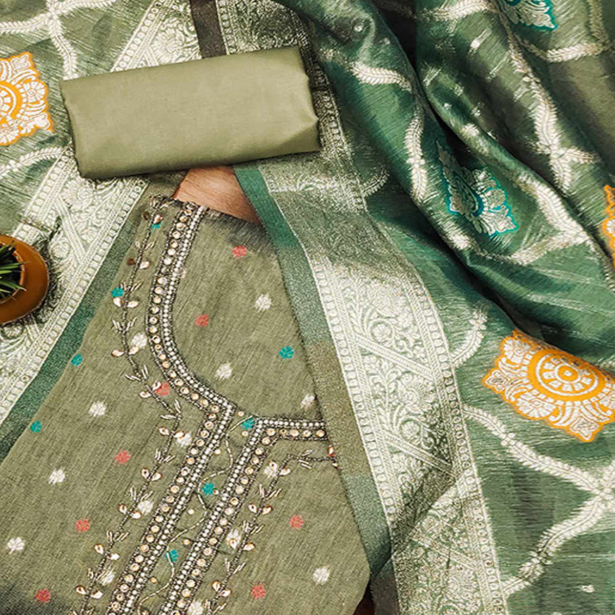 Green Woven With Handwork Simmer Jacquard Dress Material