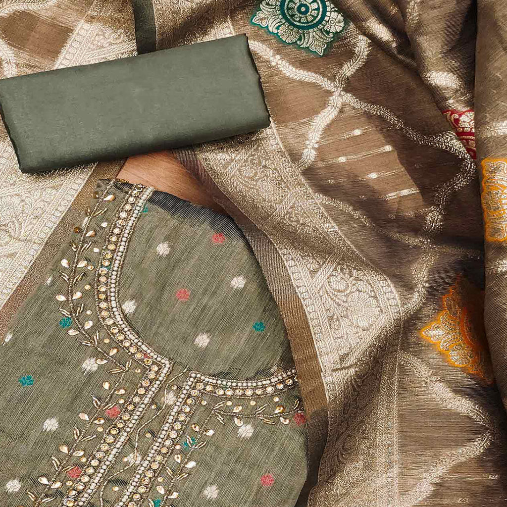 Grey Woven With Handwork Simmer Jacquard Dress Material