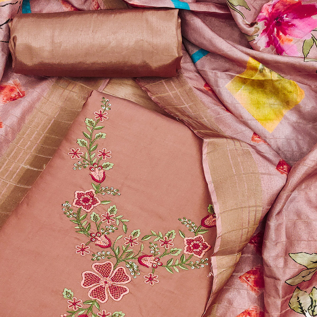 Peach Embroidered Chanderi Silk Dress Material
