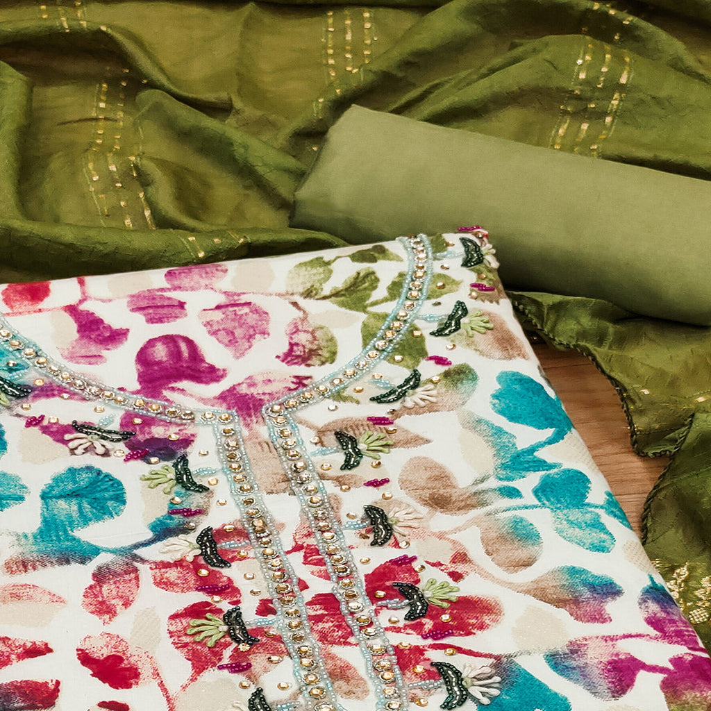 Green Floral Foil Printed With Handwork Modal Cotton Silk Dress Material